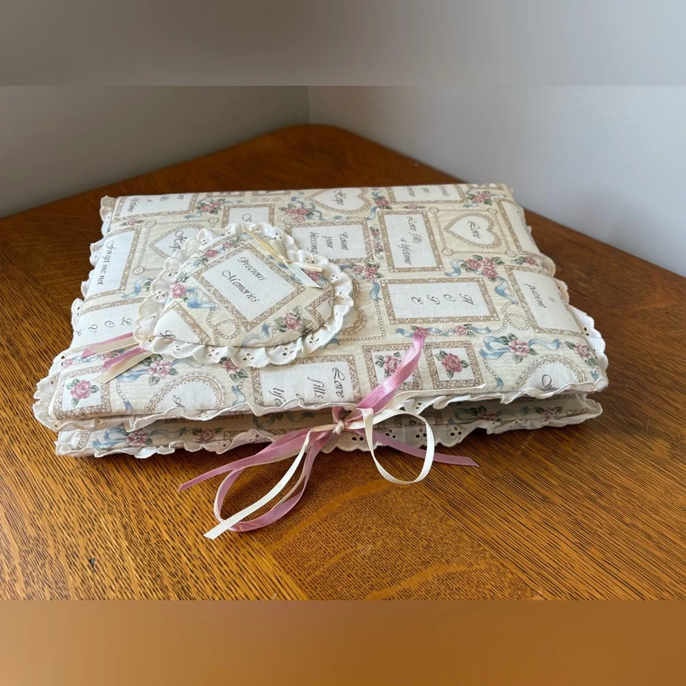 Vintage Fabric Covered Photo Album Shabby Chic Bow Heart Eyelet Scalloped Edge